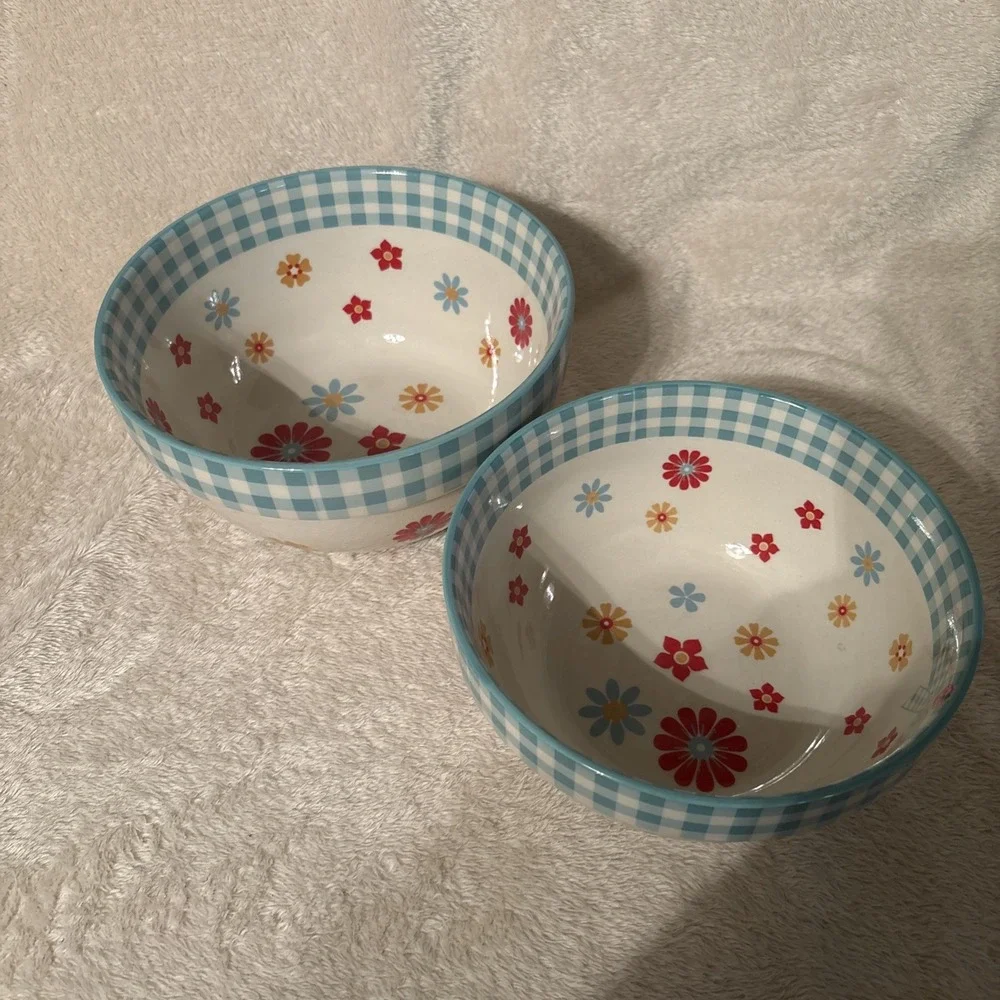 Temptations Blue Gingham Gardens 1.5 & 2 QT Oven Safe Ceramic Bowls